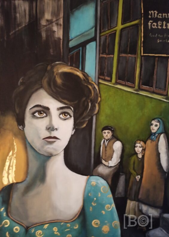 Die Manufaktur - Malerei mit Frauenportrait links vorn und Fabrik mit 3 AbeiterInnen dahinter