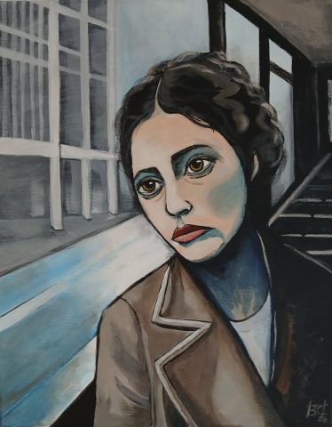 Blues - Malerei Frau lehnt an Fenster Copyright Sonja Reiche BO 40x50